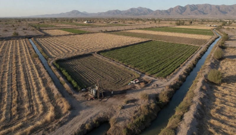 Campos de cultivo con sistemas de riego en zona agrícola de Camargo bajo sol de tarde