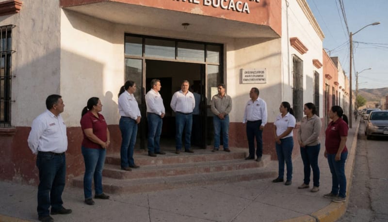 Edificio municipal de Camargo con personal administrativo en sus alrededores durante la tarde