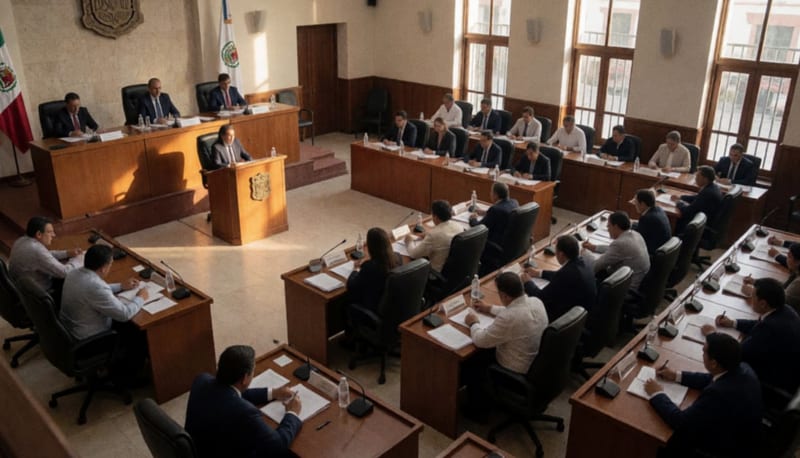 Sesión del Cabildo municipal en salón de sesiones con regidores sentados y vista general de la asamblea