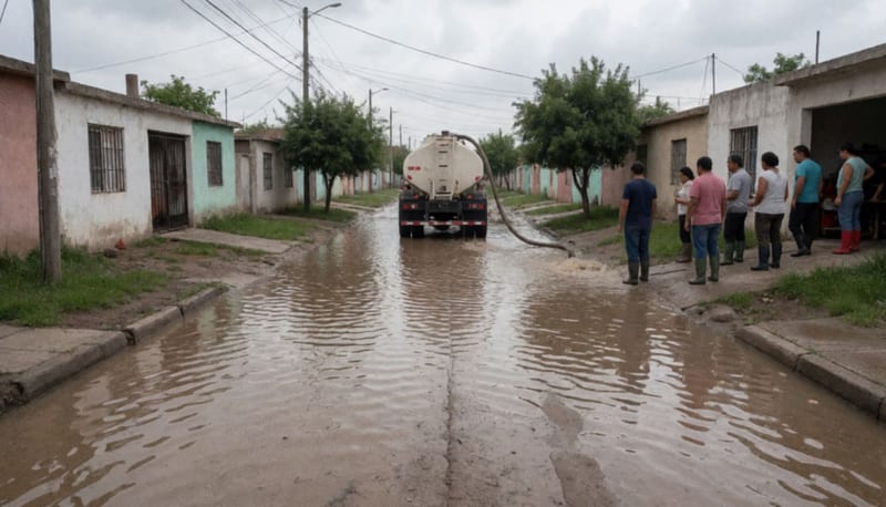 Calle residencial inundada con agua estancada, camión cisterna al fondo y vecinos con botas junto a casas de un piso