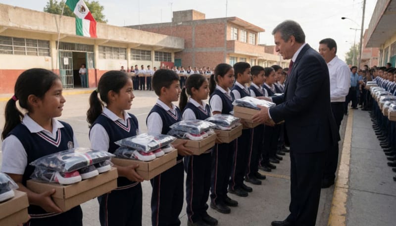 Estudiantes recibiendo uniformes y calzado escolar en el patio de la primaria de Parral