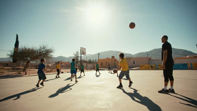 Jóvenes basquetbolistas entrenando en una cancha al aire libre bajo el sol intenso del desierto