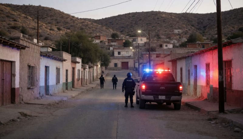 Dos agentes tácticos de espaldas junto a una camioneta oscura en una calle al anochecer, iluminada por luces rojas y azules