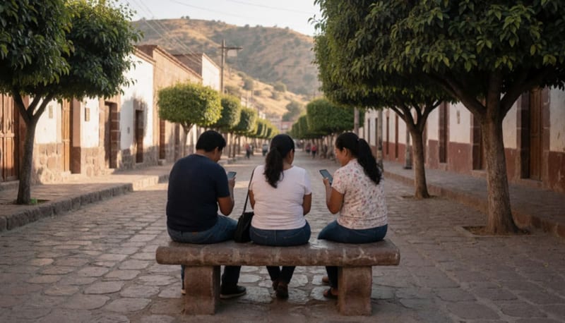 Tres personas sentadas en una banca de plaza revisan sus celulares entre árboles y cerros áridos al atardecer