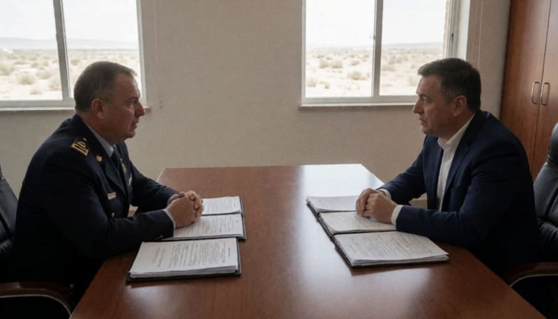 Dos autoridades en reunión de trabajo dentro de una oficina con documentos sobre la mesa