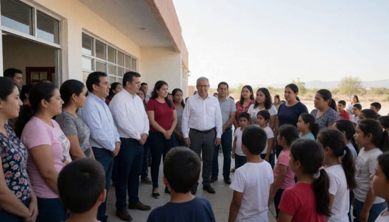 Autoridades y padres de familia acompañan a estudiantes en la plaza de la escuela durante el acto inaugural del ciclo escolar