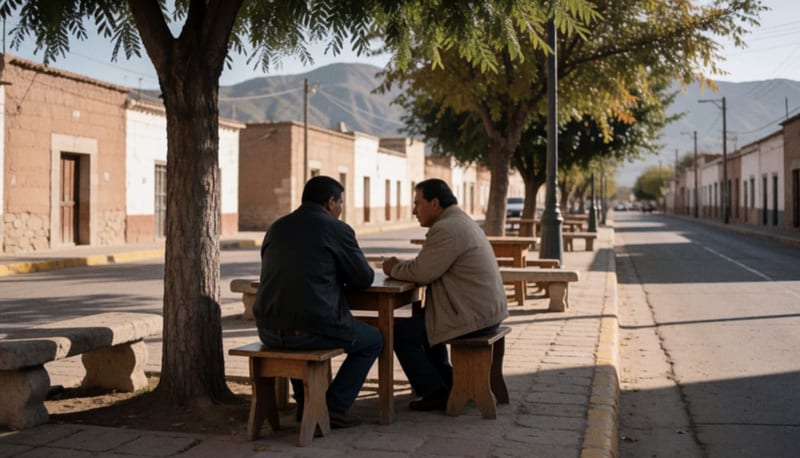 Dos hombres conversan en una mesa de madera bajo la sombra de una plaza de pueblo con montañas al fondo