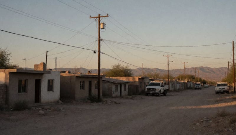 Casas rurales con líneas de energía eléctrica en un paisaje desértico del noroeste de Chihuahua al atardecer