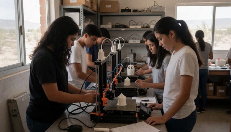 Estudiantes operando impresoras 3D en un taller académico de la universidad tecnológica