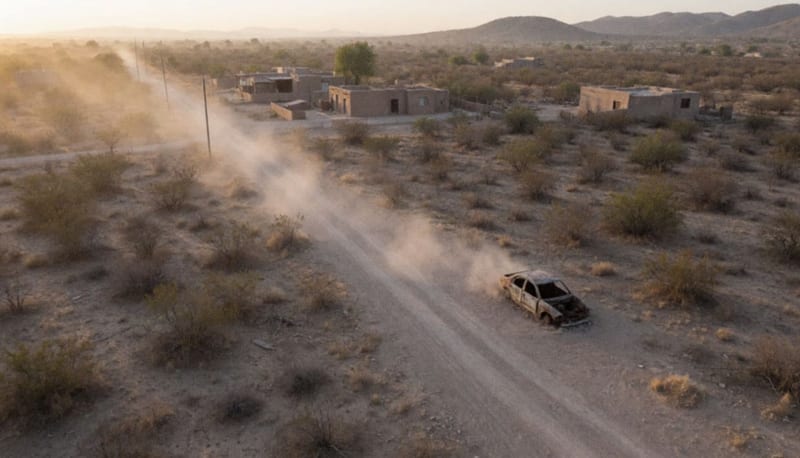 Camino de terracería entre matorral árido al amanecer con un auto calcinado a la orilla y casas lejanas