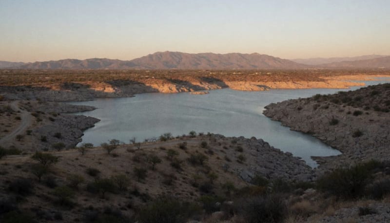 Presa con agua en un paisaje árido de Chihuahua al atardecer, rodeada de cerros y terreno seco