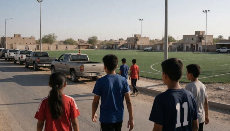 Jóvenes caminan hacia un campo de pasto sintético en una comunidad del norte de México