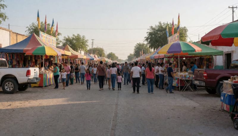 Vendedores en sus puestos bajo toldos de colores en la feria patronal del municipio