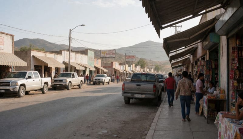 Avenida principal de un pueblo del norte mexicano con negocios locales, personas y camionetas estacionadas bajo el sol del mediodía