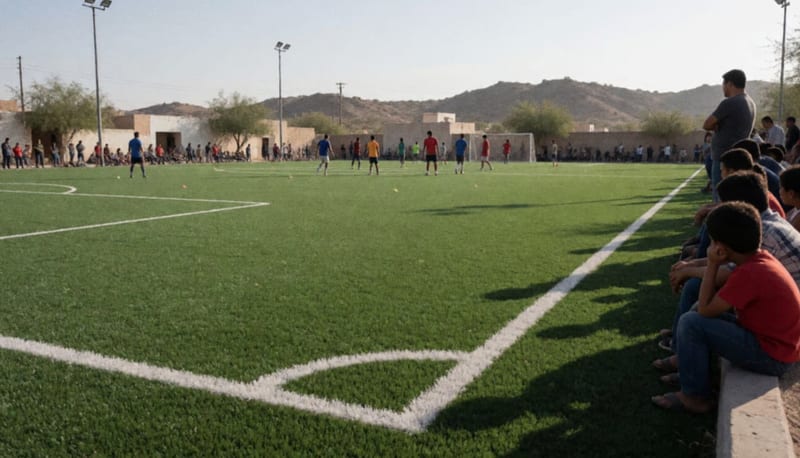Cancha de fútbol con pasto sintético recién inaugurada, jugadores entrenando mientras familias observan desde las gradas