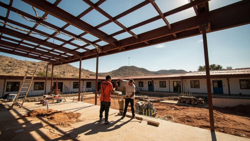 Trabajadores instalando estructura de techumbre en el patio de una escuela primaria