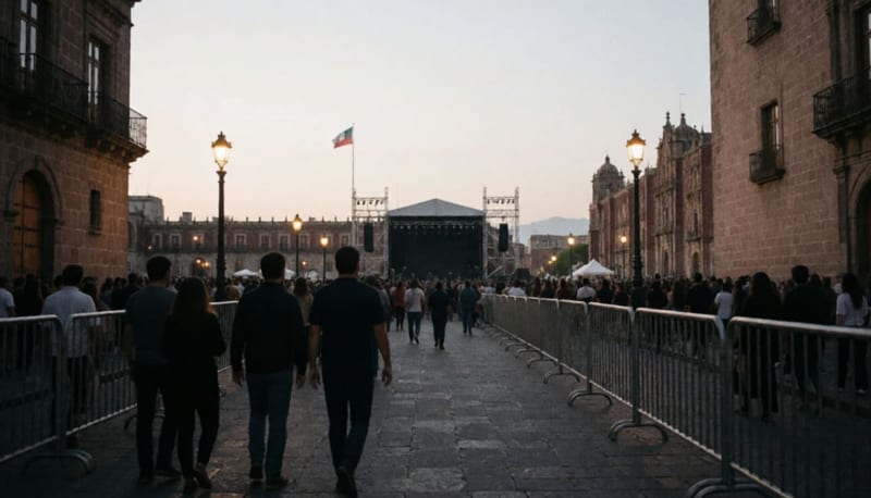Plaza del Centro Histórico de Chihuahua al atardecer con vallas, un escenario a lo lejos y gente de espaldas