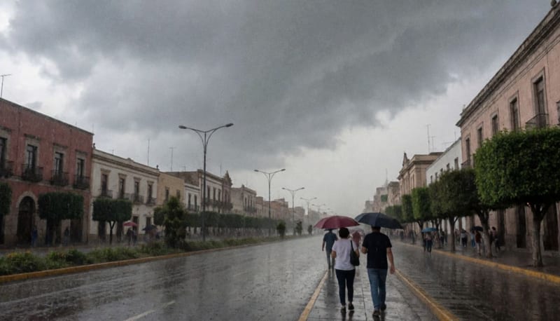 Avenida de la ciudad de Chihuahua bajo nubes de tormenta y lluvia ligera