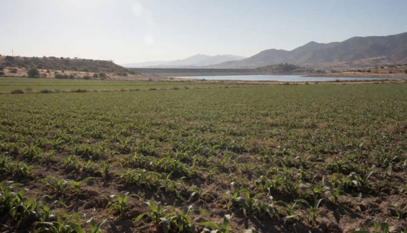 Campos agrícolas secos en el norte de México con presa y embalse de baja capacidad al fondo