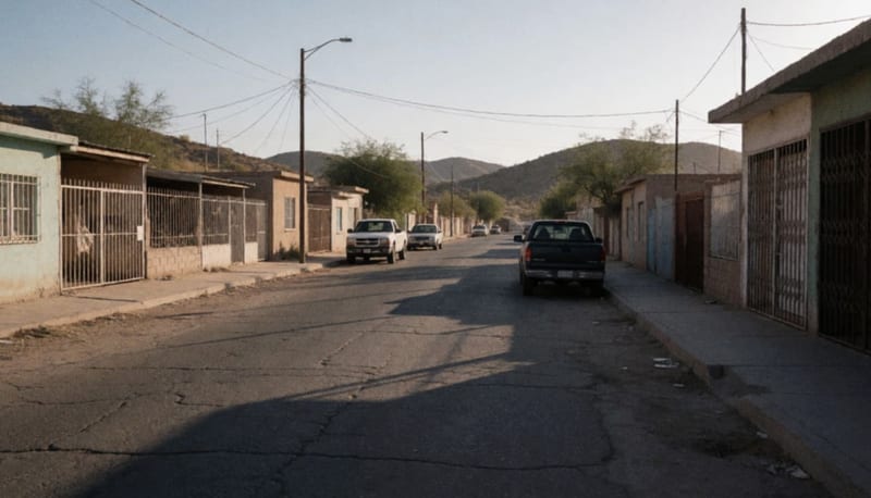 Calle residencial vacía de una ciudad norteña al atardecer, casas modestas con bardas metálicas y cerros desérticos al fondo