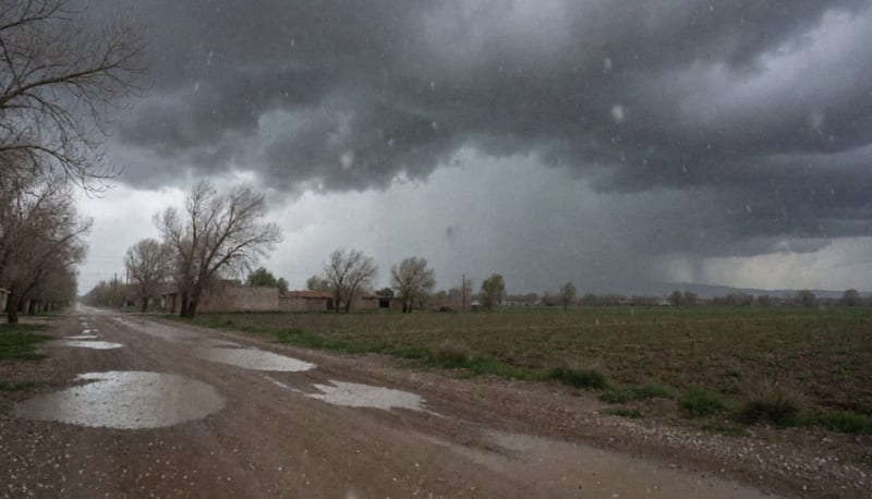 Nubes de tormenta oscuras sobre un camino de tierra encharcado y campos agrícolas, con granizo en el suelo y árboles inclinados por el viento