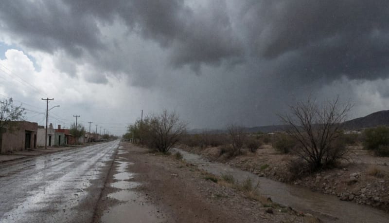 Camino encharcado al borde de un pueblo del sur de Chihuahua bajo nubes de tormenta