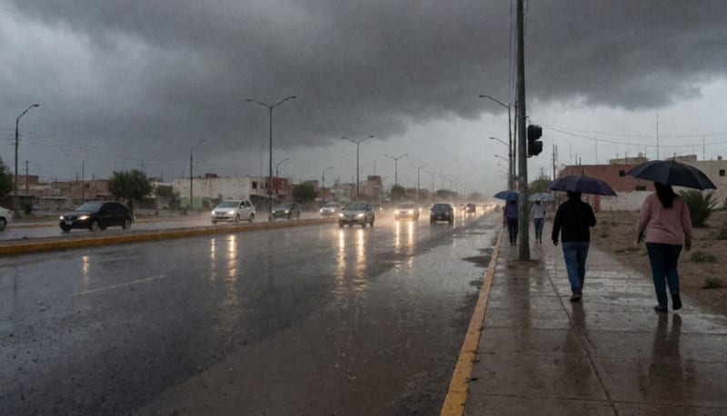 Avenida mojada bajo cielo tormentoso con charcos, autos lejanos con faros encendidos y peatones con paraguas vistos de espaldas