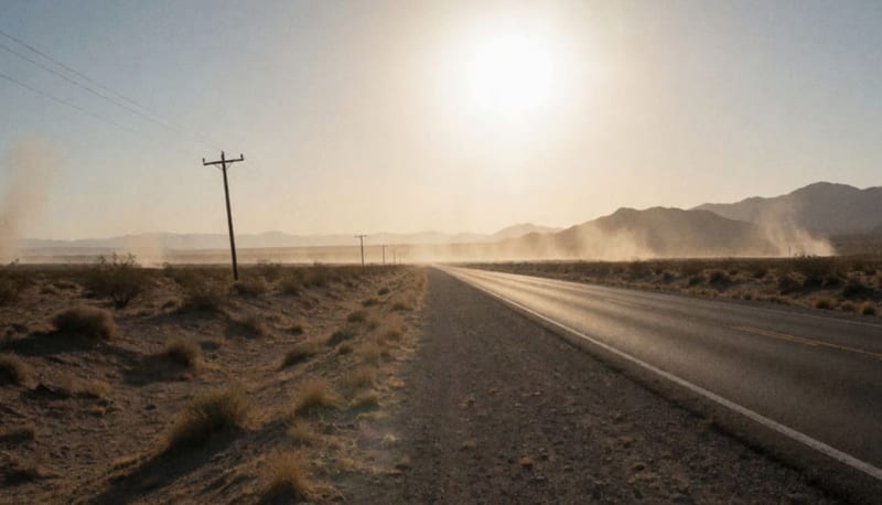 Carretera del desierto chihuahuense bajo calor intenso con polvo levantado por el viento