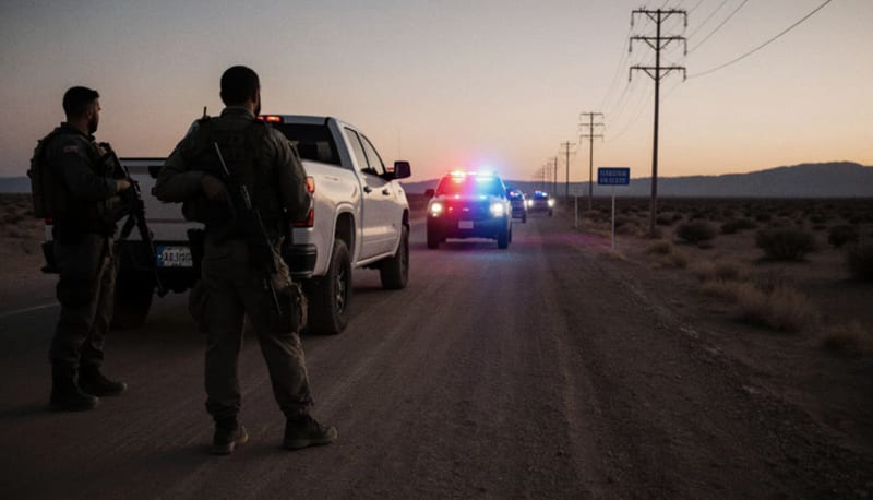Retén ilegal en una carretera del desierto con individuos armados deteniendo vehículos al atardecer