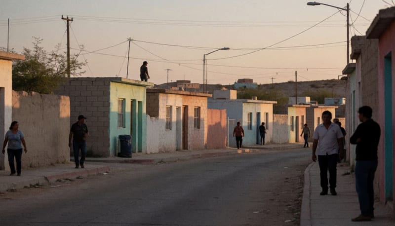 Calle residencial de Delicias con casas bajas y un vigilante comunitario en la azotea al atardecer
