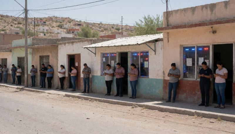 Vecinos en las calles de Delicias con sus teléfonos durante la alerta del simulacro nacional