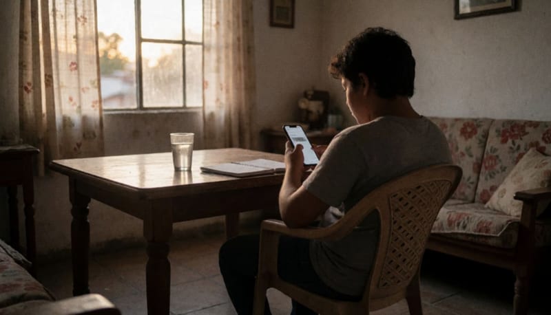Persona sentada de espaldas en una sala sencilla sostiene un teléfono celular mientras entra la luz de la tarde por la ventana