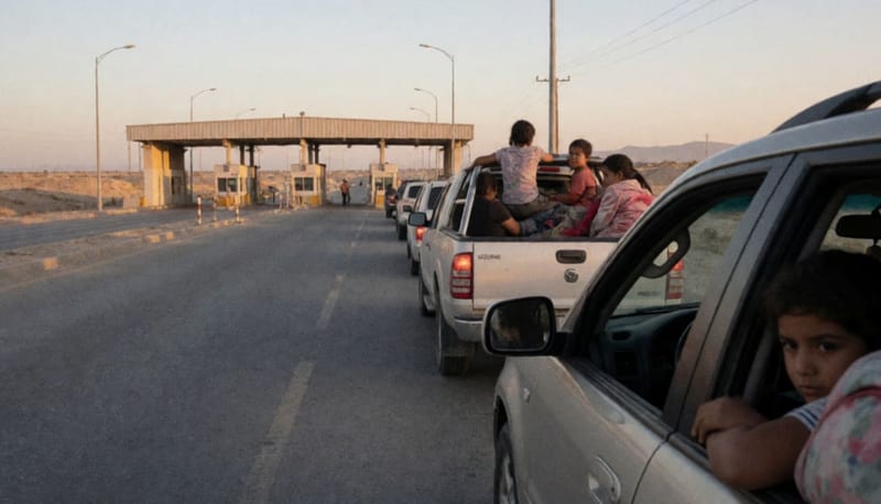 Vehículos formados esperando cruzar el puente internacional fronterizo en el desierto al atardecer