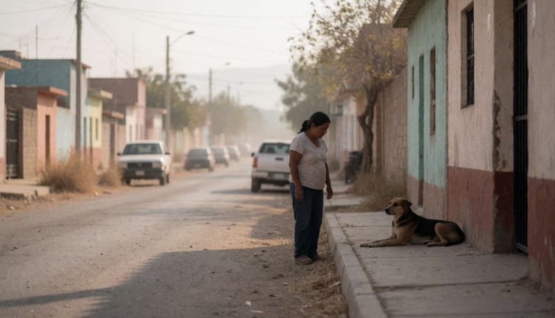 Perro enfermo recostado junto a una banqueta en una calle de Camargo, con una casa residencial al fondo