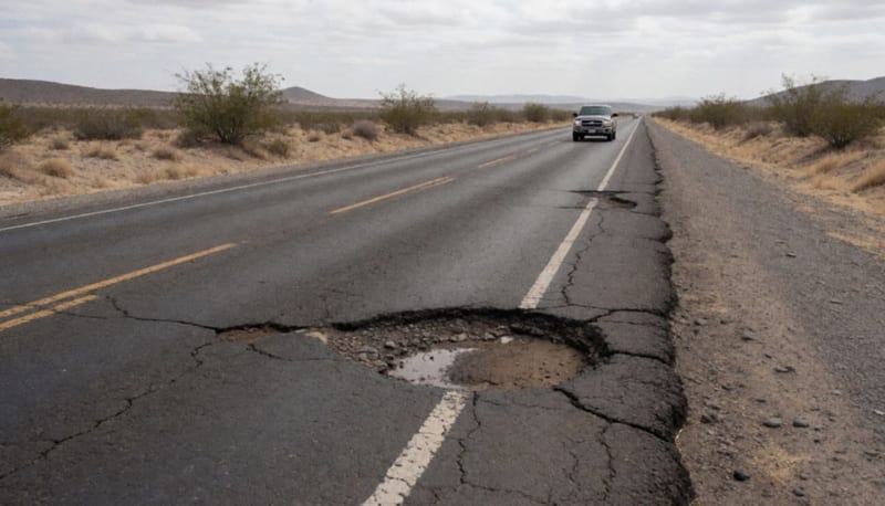 Carretera del desierto con baches profundos llenos de agua, grietas y orilla deteriorada, con una camioneta a lo lejos