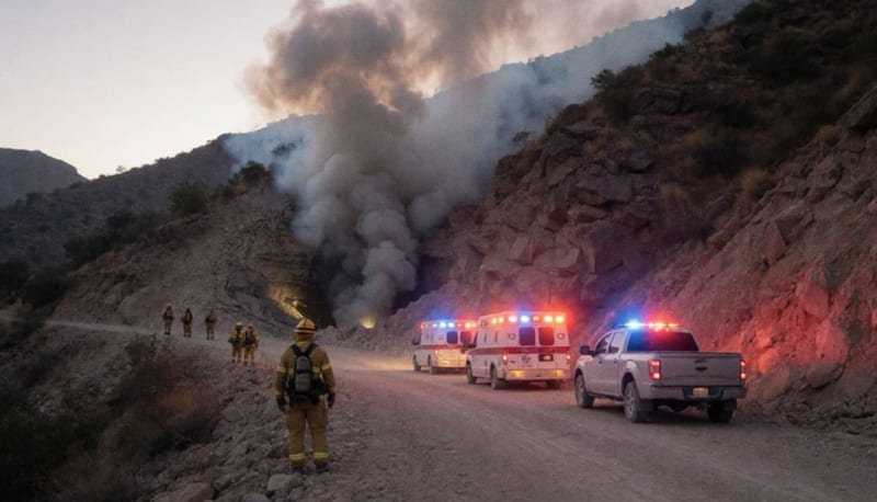 Humo gris saliendo de la entrada de una mina en un cerro rocoso al amanecer, con brigadistas lejanos y luces rojas y azules