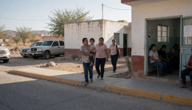 Personas accediendo a una clínica de salud durante la tarde en una zona desértica del norte de México