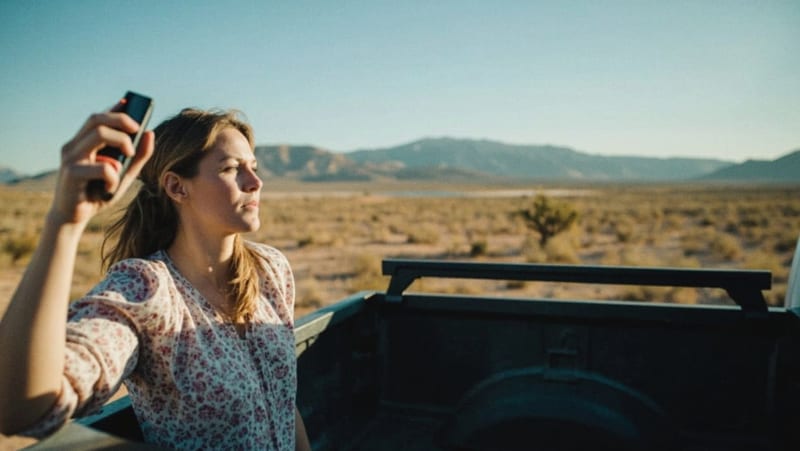 Mujer grabando un video con su teléfono en la parte trasera de una camioneta en el desierto