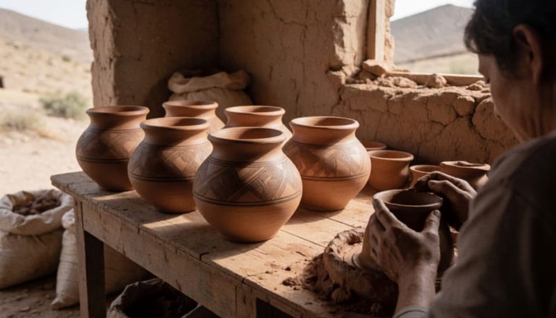Vasijas de barro pulido con finos diseños geométricos sobre una mesa de madera en un taller de adobe, con luz cálida