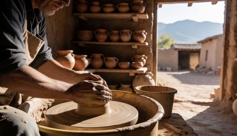 Manos de un alfarero moldeando barro en un torno de cerámica tradicional dentro de un taller rústico