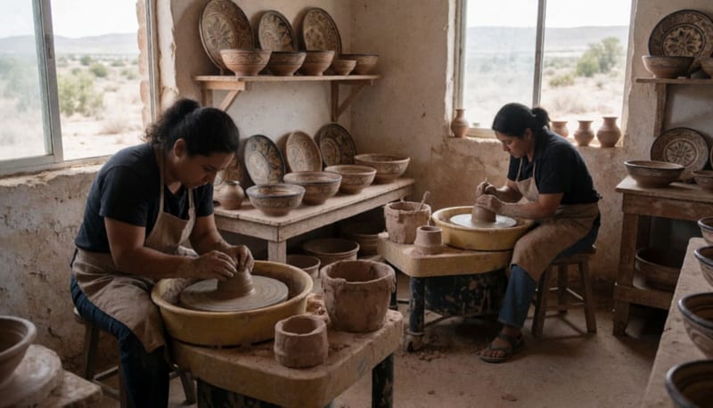 Artesanos de Mata Ortiz trabajando con cerámica en su taller frente a vasijas y piezas decoradas