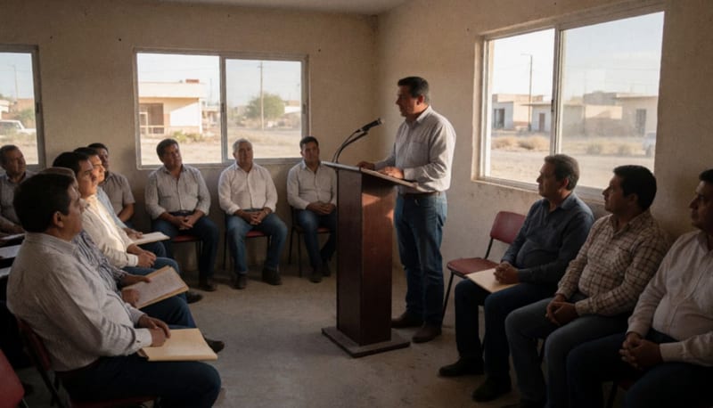 Dirigente de partido político hablando ante asamblea de militantes en un salón de reuniones chihuahuense