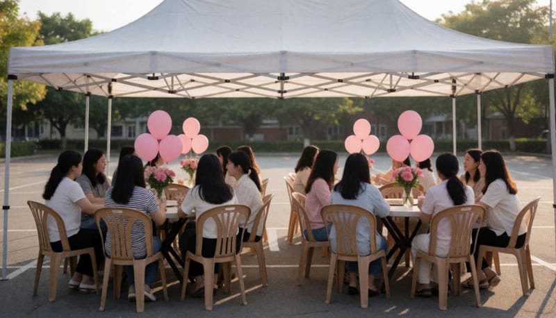 Mujeres sentadas en mesas redondas bajo un toldo blanco con globos y flores rosas en un estacionamiento al aire libre