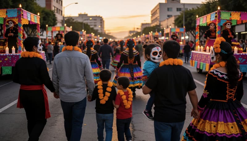 Multitud con caracterizaciones de catrinas y flores de cempasúchil avanza por una avenida al atardecer junto a carros alegóricos
