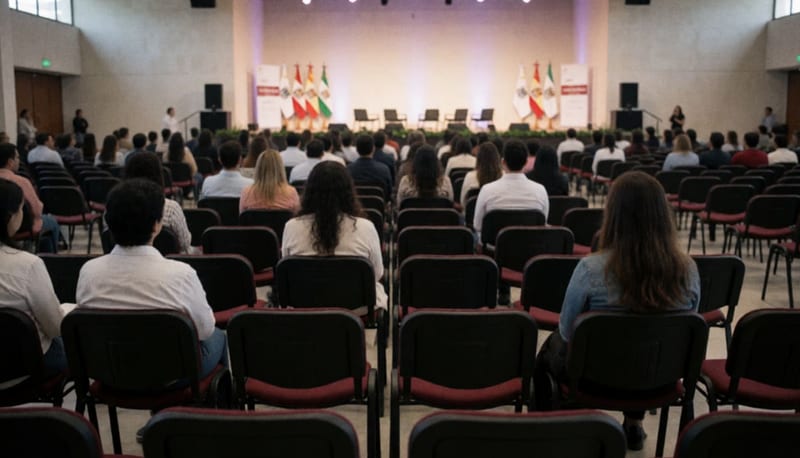 Salón de eventos con filas de sillas frente a un escenario con banderas