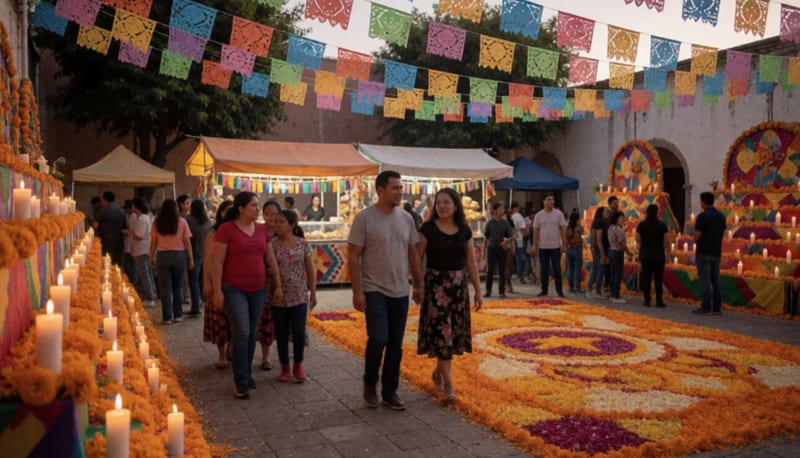 Familias recorren un patio al atardecer entre altares con flores de cempasúchil, velas encendidas y un tapete de pétalos en el suelo