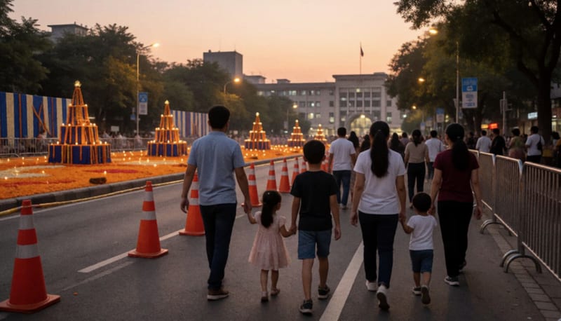 Familias caminan al anochecer por una avenida cerrada con conos naranjas hacia un patio con altares iluminados con velas y flores de cempasúchil