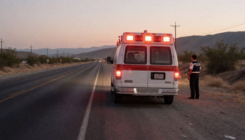 Ambulancia detenida en el acotamiento de una carretera árida al atardecer con un paramédico a lo lejos