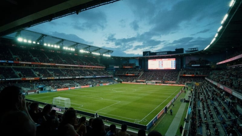 Estadio de fútbol con iluminación al atardecer en una ciudad del norte de México