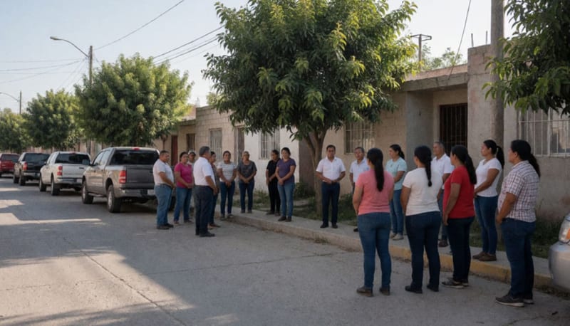 Vecinos reunidos en las calles del fraccionamiento durante un encuentro comunitario vespertino